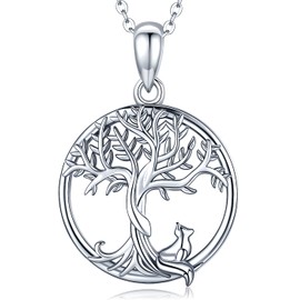 Tree of Life Necklace 925 Sterling Silver Pendant for Women Girls, Cute Fox Family Tree Necklace, Birthday Christmas Jewelry Gifts for Mom Wife Daughter