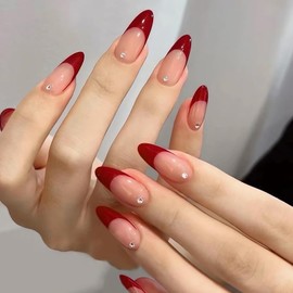 Red French Tip Press on Nails Almond Medium Fake Nails with Diamond Glue on Nails Glossy Full Cover Red French False Nail Tips Cute Winter Nail Art Decorations Stick on Nails for Women