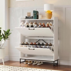 VOWNER Shoe Cabinet with 2 Flip Drawers , Contemporary Slim Shoe Cabinet with Adjustable Dual-Height Shelves & Metal Legs, Freestanding Shoe Organizer with for Entryway, Hallway, Living Room, White