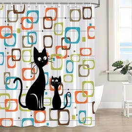 JWJAMM Mid Century Shower Curtain Modern Abstract Atomic Black Cat Squares Retro 50s Geometric Diamonds Iconic Retro White Bath Curtains with Hook,70x70 Inch