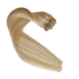 Clip in Human Hair Extensions, 16 Inch 70g 7Pcs Ash Blonde Balayage Blonde Highlights 100% Real Human Hair Clip in Extensions Double Weft Natural Human Hair Extensions