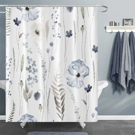 BIVINAR Blue Watercolor Floral Shower Curtain 72 x 72 Inch, Waterproof Fabric Flowers Shower Curtain for Bathroom, Minimalist Wildflower Shower Curtain with 12 Hooks
