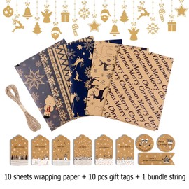 Jatidne 10 Christmas Wrapping Paper Sheets with Tags and String Xmas Wrapping Paper Kraft Gift Wrap
