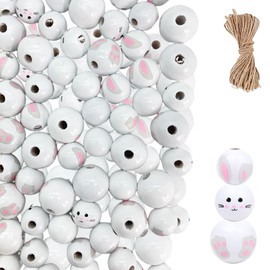 QIUMING 60 Pieces Easter Wooden Beads with Face Easter Wooden Beads Rabbit Easter Decoration Piece Easter Wooden Beads Set for Easter Spring Garland DIY Holiday Decoration (White)