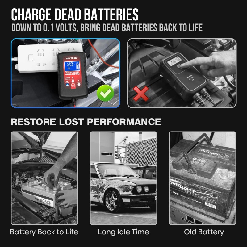 Nexpeak 1.75-Amp Car Battery Charger, 6V and 12V Smart Fully