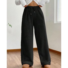 codcm Women's Fuzzy Lounge Pants Comfy Warm Fleece Pajama Long Pants Drawstring Elastic Waist Wide Leg Bottoms(Black,Small)
