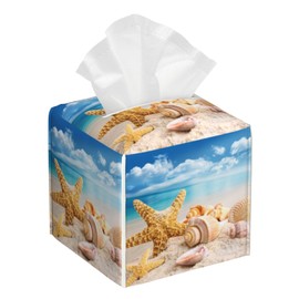 Beach Starfish Tissue Box Cover,Seashells PU Leather Tissue Box Holder Square,Modern Home Decoration for Bathroom Living Room Kitchen Office Car,5.2"×5.2"×5.2"