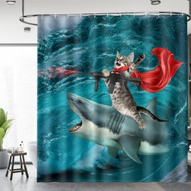 Aimego Funny Shower Curtains Shark Cat Shower Curtain Set with 12 Hooks for Bathroom Decor Accessories Bathtub Curtain, 72"x72"