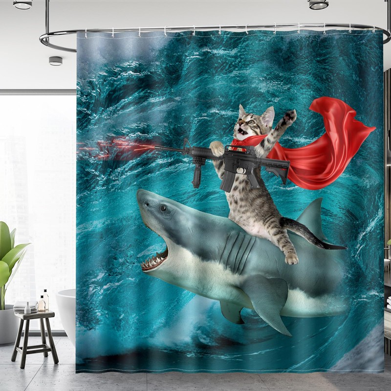 Aimego Funny Shower Curtains Shark Cat Shower Curtain Set with