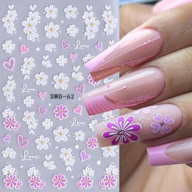 4 Sheets Butterfly Nail Stickers Decals 3D Flower Self Adhesive Nail Design Stickers White Pink Purple Butterfly Flowers Star Heart Nail Decals for Women Girls DIY Manicure Decoration