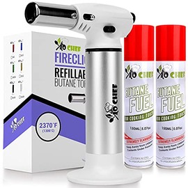 FireClick Crème Brûlée Torch – Mini Kitchen Food Torch – Safety Switch, One Hand Use, Ergonomic Design, Great for Beginners – Culinary Butane Blow Torch 2,370°F – 2 Cans Included by Jo Chef