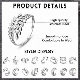Sanfenly 16Pcs Stainless Steel Rings for Women Open Knuckle Stackable Rings Adjustable Aesthetic Silver Rings Snake Leaf Feather Butterfly Chunky Thumb Finger Rings Trendy Simple Statement Rings Non Tarnish Indie rings