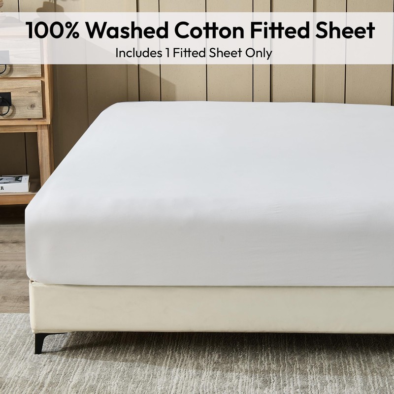 LINENOVA Single Size Fitted Sheet Only, 100% Vintage Washed Cotton