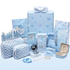 Joyliss Easter Gifts for Tween & Teen Girls, 11PCS Birthday Gifts Basket Teen Girls Gifts Trendy Stuff with Empowering Challenges & Makeup Brushes & Bag, Positive Wrapped Gift Box for Daughter Niece