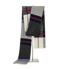 Villand Australian Merino Wool Tartan Knitted Scarf for Men, Checked Winter Warm Thick Soft Neckwear with Gift Box, 180 × 30 cm, Navy Grey Tartan, 180L/30W