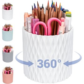Pen Holder - 360° Rotating, 5 Slot Pen Holder For Desk. Pencil Holder For Office,School,Dorm Room&Vanity, Desk Accessories(White)