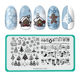 Maniology Winter Occasions Snowy Forest Hung with Care Nail Stamping Plate, Gingerbread Festive Stamp Plates, Christmas Tree, Stockings, and Ornaments Manicure Designs