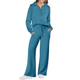 ANRABESS Women 2 Piece Outfits 2025 Fall Fashion Airport Wide Leg Pants Lounge Set Leisure Travel Vacation Clothes Sweatsuits Lake Blue Large