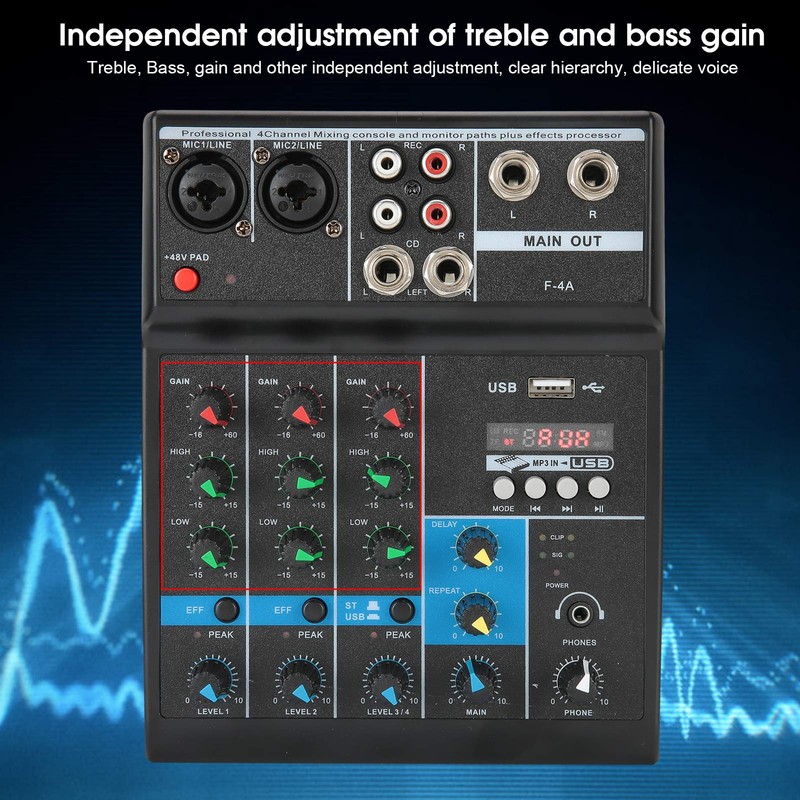 Professional 4 Channel Audio Mixer, Sound Board Console System, DJ
