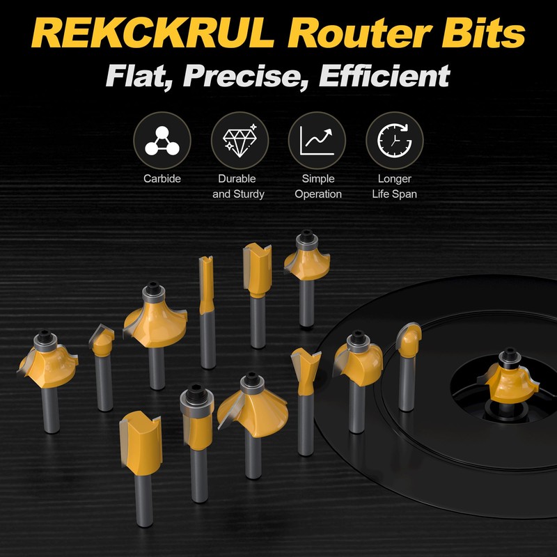 REKCKRUL 12 Pieces Tungsten Carbide Router Bit Set 1/4 Inch