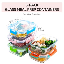 HAKEEMI 5-Pack,3 Compartment Glass Meal Prep Containers Set,34oz, Divided Food Storage Containers with Lids, Glass Lunch Box with 3 Dividers