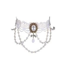 Elegant Gothic Lace Rose Choker Necklace Halloween Vintage Pearl Necklaces Halloween Victorian Lolita Costume Accessories Bridal Wedding(White D)