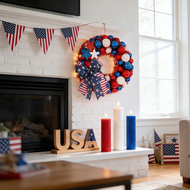 HipTree 13 Inch Patriotic Ball Wreath for Front Door with