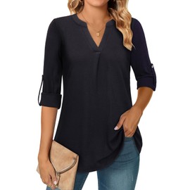 Amrto Women’s Long Blouse, 3/4 Sleeves, V-Neck Tunic, Elegant, Festive Tops, Casual Shirt, Long Shirt, M-XXL, Plain - Black