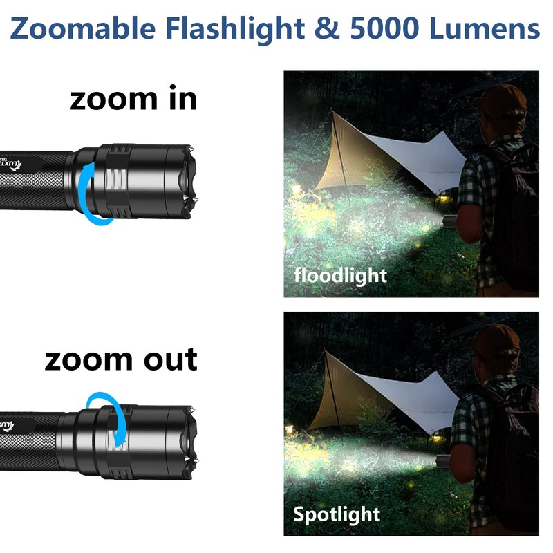 Zoomable Tactical Flashlight High Lumens-5000LM, 6 Modes,Dual Switches,Window Glass Breaker,10