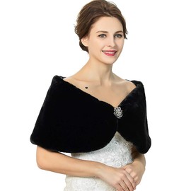 Nicute Wedding Fur Shawls Bride Faux Fur Scarves Winter Sleeveless Fur Stole with Rhinestone Brooch for Bride and Bridemaid (2-8, Black)