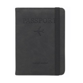 Passport Travel Wallet PU Leather RFID Blocking Protection Passport Holder ID Card Credit Card Ticket Compartment Slots Elastic Strap Close (Black)