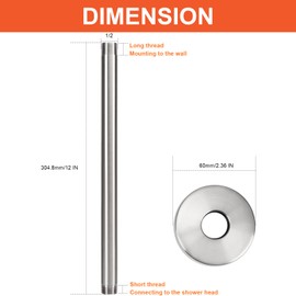 HarJue Ceiling Mounted Shower Arm, Rain Extension Arm with Flange and Teflon Tape, Stainless Steel Mount Extender for Fixed Head (12 Inch, Brushed Nickel)