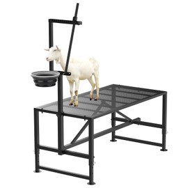 Larrik Goat Milking Stand with Feed Bin, Stand for Goat Milk and Shepp Trimming Hooves, with Adjustable Head Piece and Legs, Metal Black Use for Small Goat and Sheep, 400 Lbs