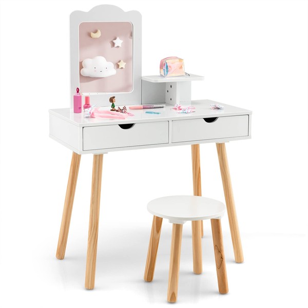 DREAMADE Children's Girls Dressing Table with Stool Writing Desk 2 in 1 with Removable Square Mirror & 2 Drawers Princess Makeup Table Load 20 + 40 kg (White)