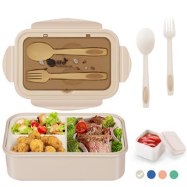 LUZOON Lunch Box, Bento Box Adult Lunch Box 1400 ml with 3 Compartments for Children Including Cutlery, Lunch Box for Microwaves and Dishwashers, School, Work, Picnic, Travel, BPA Free (Khaki + Sauce