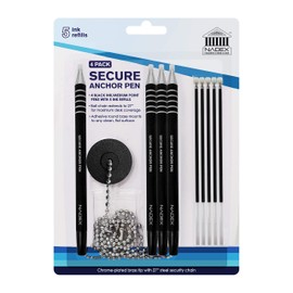 Nadex Ball and Chain Security Pen Set | 4 Pens, 1 Adhesive Mount, and 5 Refills (Black)