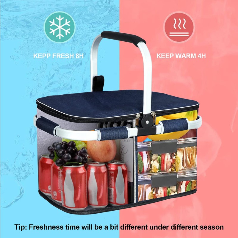 LIQING 35L Picnic Basket 2 Layers of Internal Pockets Leak-Proof