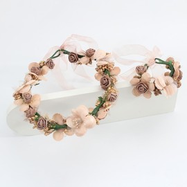 Floral Crown Wrist Bands Set for Women | Wedding Hair Accessories | Adjustable Hair Crowns for Women, Flower Crown | Headbands with Ribbon Garland Wristbands | Accessories for Weddings, Light Brown