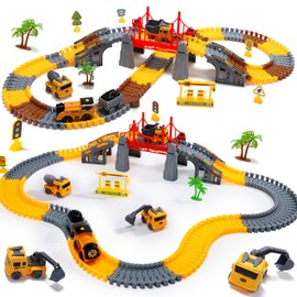 EagleStone Construction Racing Track Set for Children, 206 Pieces, Flexible Toy Track with 1 Electric Train, Excavator, Tipper Concrete Mixer, DIY Railway Toy, Construction Vehicle Track