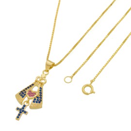 Tudo Jóias 18k Gold Plated Virgin Mary Pendant Cubic Zircon with Box Necklace 17.7 inches Made in Brazil for Women