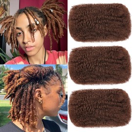 Kackanaa 16 Inch Afro Kinky Curly Human Hair Bulks for Dreadlock Extensions 3 Packs Marley Twist Hair Bulk for Mini Twist Repair Locs Honey Brown Springy Afro Twist Human Hair Bulk, 30g /Pack