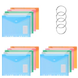 Scettar 15pcs Plastic Wallets A4 Punched Pockets, Five Colors Transparent Plastic Pockets A4 with Buttons, Label Cards and 4 Binders, Punched Pockets for School, Office, Home, Travel