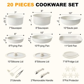 Tibbicc 20 Pcs Ceramic Cookware Set Non Stick Frying Pots and Pans Set Non Toixc Cookware-PFAS/PFOA/PTFE Free, with Removable Handle for RV Kitchen, Induction & Dishwasher Safe Cream White