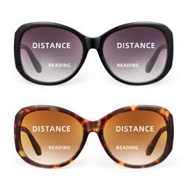JM 2 Pack Bifocal Reading Sunglasses for Women Fashion Oversized Square Sun Readers Outdoor Reading Glasses UV400 Protection, Black & Brown +2.0