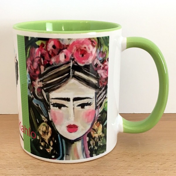 FRIDA KAHLO Coffee Mug 11 oz, 3 Panel Whimsical Self Portraits Sublimated Green