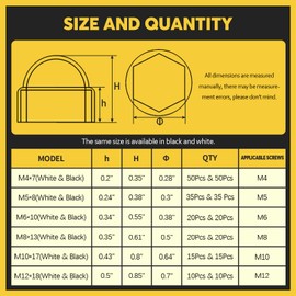 Mardatt 300Pcs 6 Sizes Hexagon Bolt Covers Screw Caps Assortment Kit M4 M5 M6 M8 M10 M12 Plastic Hex Cap Nut Cover for Protecting Screws Bolts Nuts with Storage Box (White & Black)