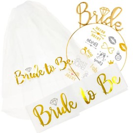 Bride to Be Sash, Bride Tiara, Bride Veil Hen Party Accessories Set (GOLD/WHITE), Wedding Bride Sash, Bride Hen Veil with Comb, Engagement Wedding Party Hen Do Accessories,Wedding Bridal Shower