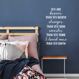 Vinyl Wall Art Decal - You are Braver Than You Believe - 28" x 17" - Inspirational Positive Self Esteem Quote for Home Bedroom Living Room Office Workplace Classroom Indoor Decoration (White)