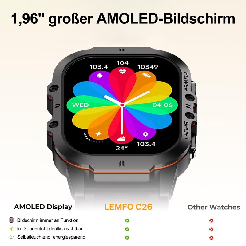 LEMFO C26 Men's Smartwatch with 1.96 AMOLED Screen, Phone Function,