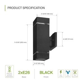 ASD 2 Light Square Outdoor Wall Light Fixture | 120W E26 Bulb Socket 120V ETL Cylinder Up Down Lights | LED/CFL/Incandescent Bulb Exterior Wall Sconce | Front Door, Porch Patio | Ringed Black